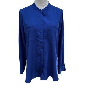 Paraphrase Women’s Large Blue Polyester Top Shirt Loose Fit Button Faux Pocket